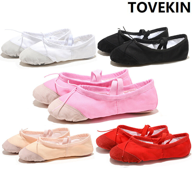 Zapatillas de ballet planas para niñas y mujeres, zapatos de lona para niños, suaves, negro, rojo, blanco, rosa