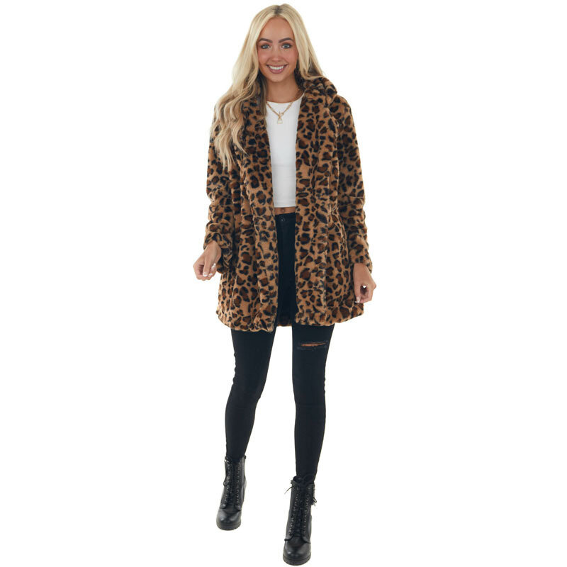 Winter Leopard Mid Length Jacket Women Fashion Temperament Imitation Parka Coat Loose Plush Outerwear Autumn Fur Coats jackets