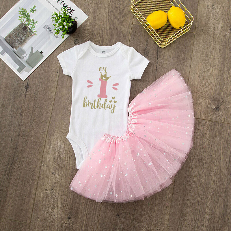 女の赤ちゃんのためのピンクのチュチュの誕生日パーティードレス,衣装とロンパースのセット,女の子のための夏の服