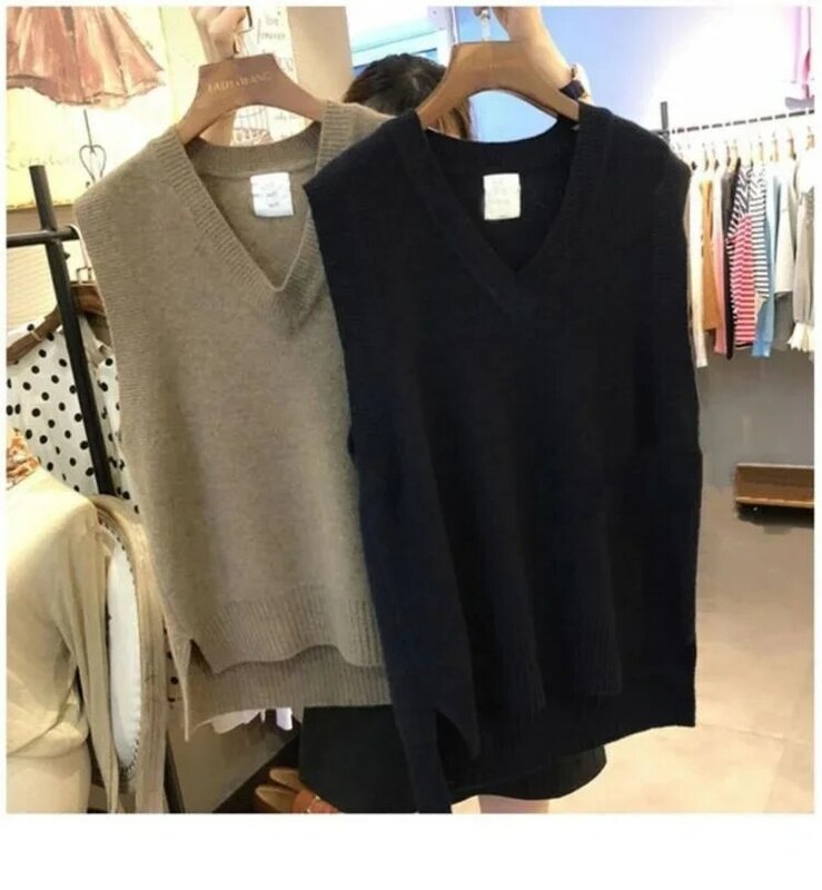 Suéter con cuello en V para mujer, Chaleco de punto corto, sin mangas, cálido, informal, Otoño e Invierno