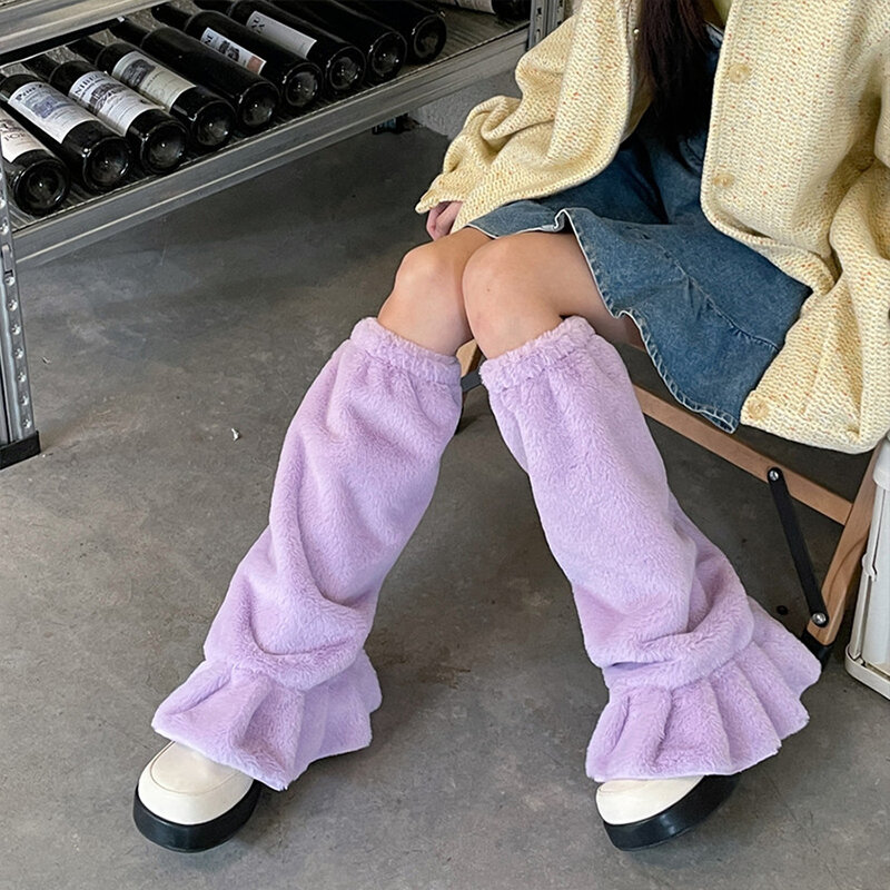 ผู้หญิง Plush ขาอุ่นญี่ปุ่น Harajuku สไตล์สาวหวาน Ruffles ขาถุงเท้ากำมะหยี่ฤดูหนาวอุ่น JK Lolita ถุงเท้า