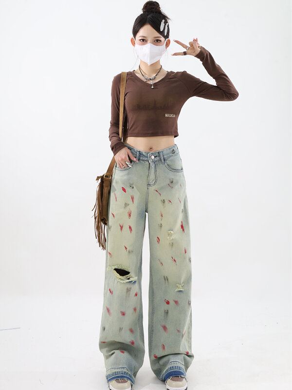 2024 Women Vintage Blue Ripped Jeans Baggy High Waist Cowboy Pants Harajuku Straight Denim Trousers 90s Y2k Trashy 2000s Clothes