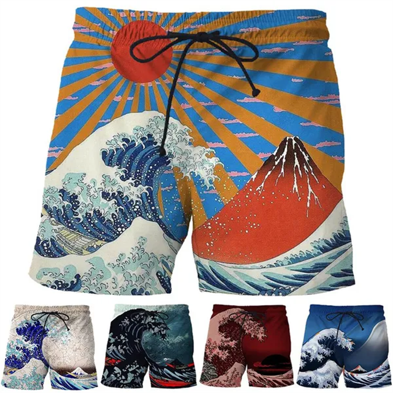 Styl japoński spodenki plażowe dla mężczyzn chłopców szybkoschnąca odzież z nadrukiem 3d fale morskie kąpielówki sportowe krótkie spodnie