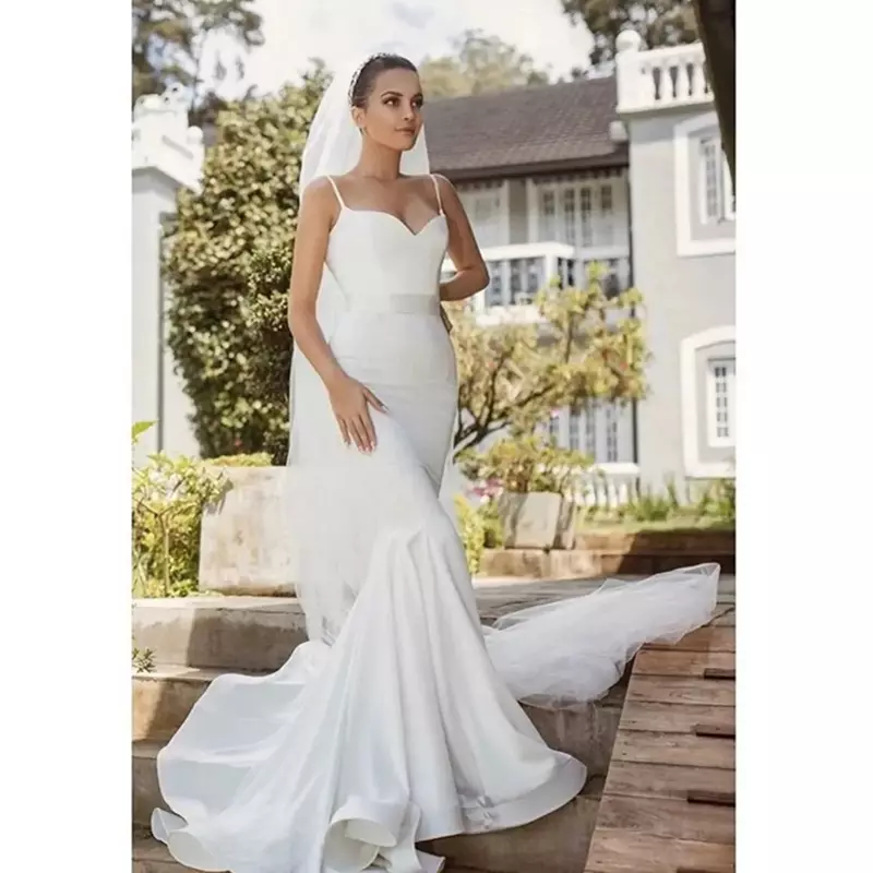 Gaun pengantin putri duyung seksi elegan sederhana baru pinggul bungkus tanpa punggung dengan Tali Italia gaun pengantin Gereja pantai romantis