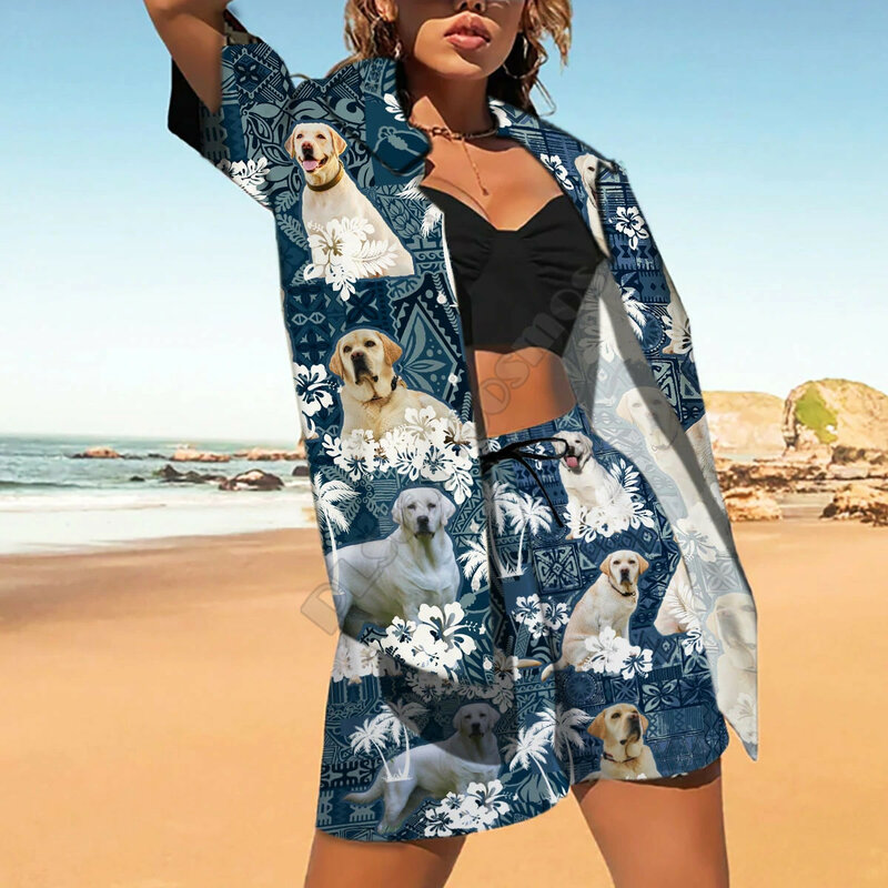 Camisa de verano para hombre y mujer, conjunto Hawaiano con estampado 3D de Labrador Inglés y pantalones cortos de playa, ropa divertida para perros