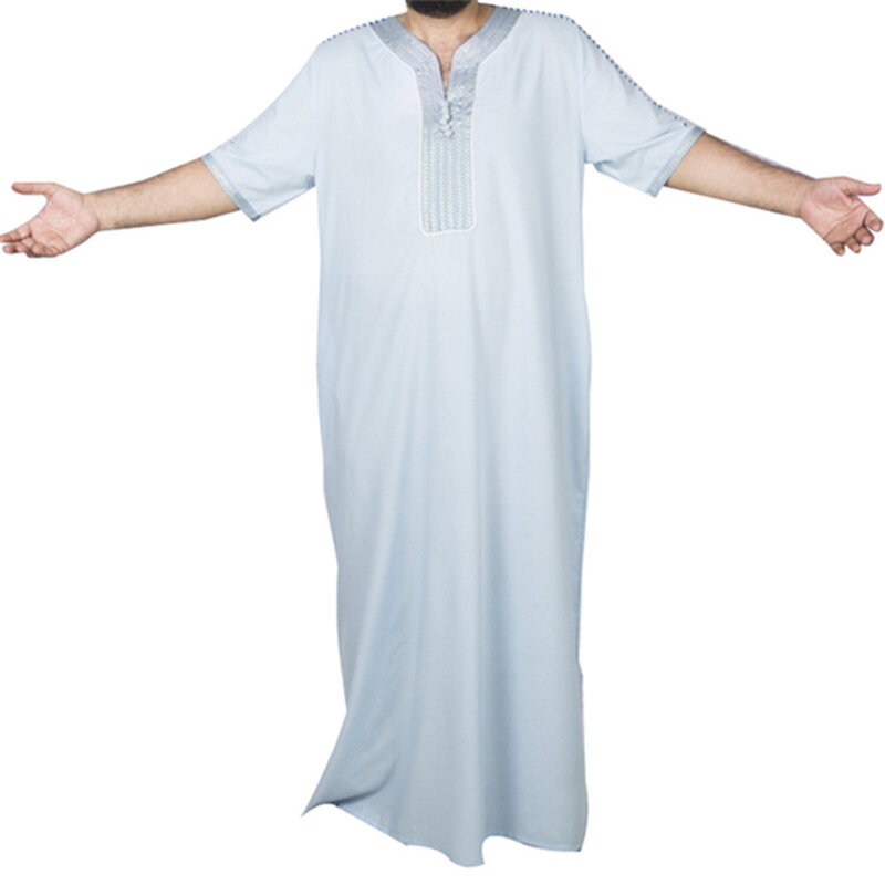 Estate moda stile uomo musulmano mezza manica poliestere lungo Jubba Thobe moda musulmana Abaya abbigliamento uomo musulmano