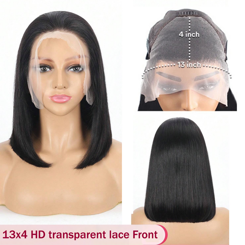 Peluca de cabello humano liso de 13x4 para mujeres negras, postizo de encaje Frontal transparente, corte Bob corto, sin pegamento, Remy, Natural