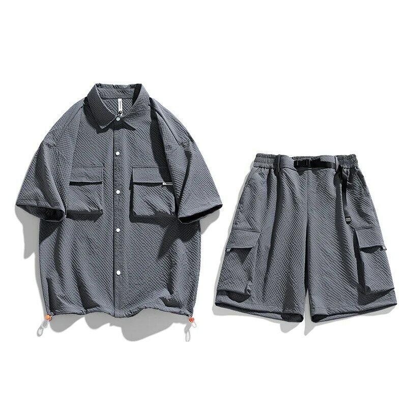 Conjunto de camisa e shorts de manga curta masculino, secagem rápida, solto, acampamento ao ar livre, elegante, verão, novo, 2 peças, 2024