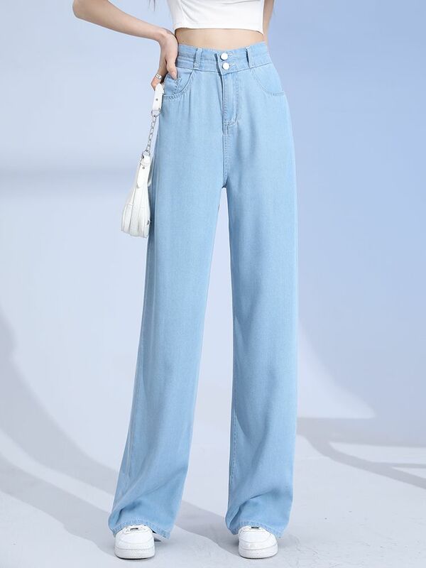 Celana Jeans Ultra tipis baru edisi Korea musim semi/Musim Panas 2024 celana kaki lebar sutra Skating ramping lurus longgar baru