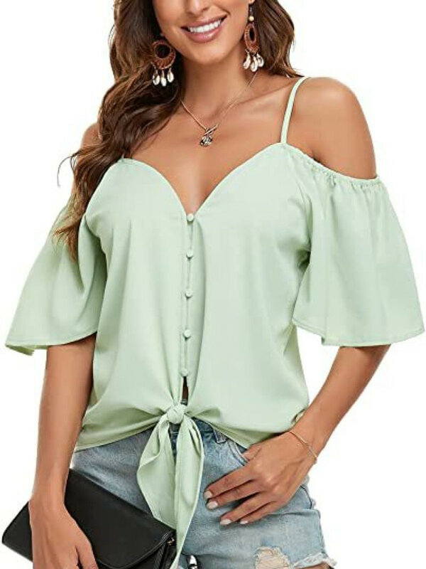 Женская пикантная блузка с открытыми плечами, однобортная рубашка на бретелях, топы, лето 2022