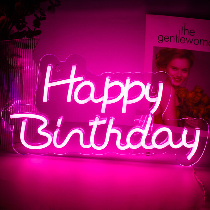 Letreros de neón con letras de feliz cumpleaños, luces LED cálidas, decoraciones para fiestas, lámpara colgante de pared alimentada por USB, adornos