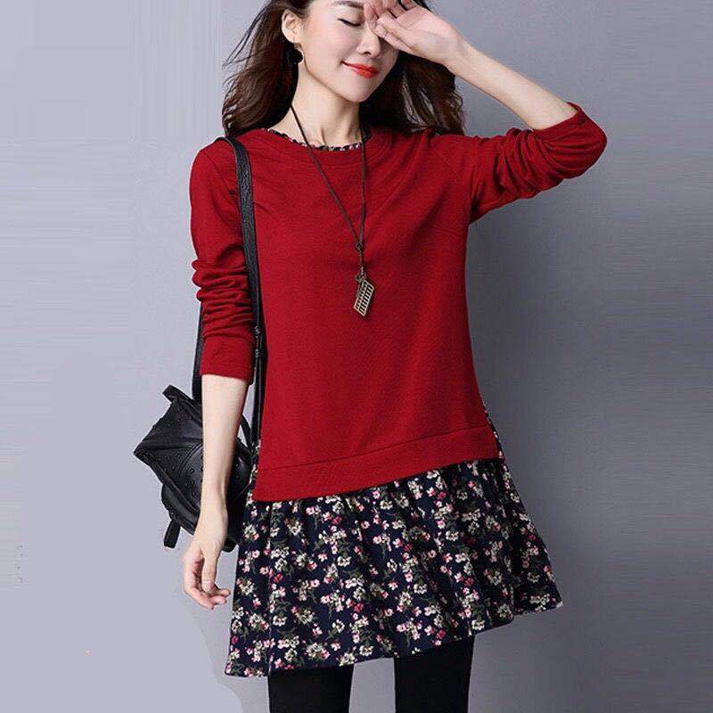 2023 New Spring Autumn Thin Oversized Loose Printing Tops Casual Patchwork Pullovers Women's Clothing Temperament Tshirt Dress