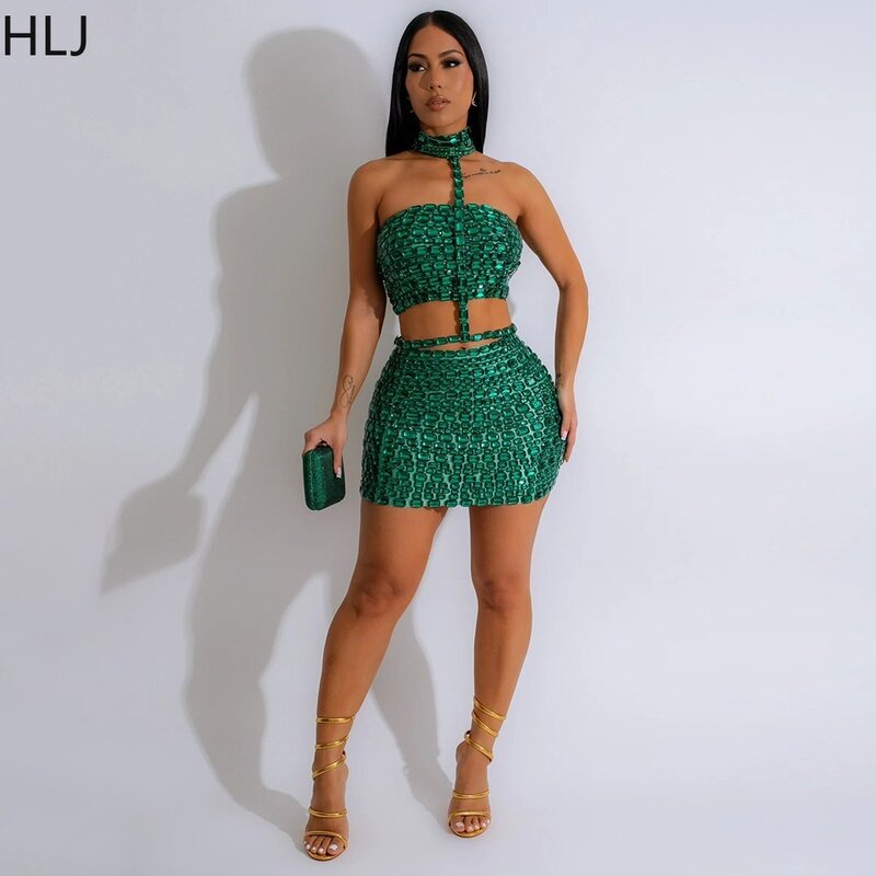 HLJ Fashion Rhinestone Hollow Out Mini Skirts Two Piece Sets Women Sleeveless Backless Crop Top + Skirts Outfits Female Clothing