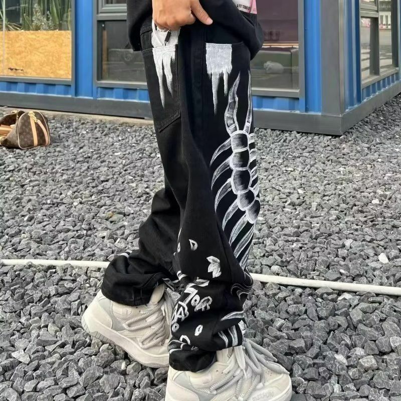 Graffiti esqueleto impresso jeans para homens, moletom de tubo reto, calças soltas, streetwear vintage, hip-hop, novo, 2023
