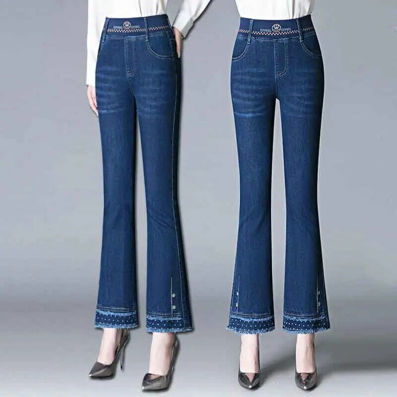 Wiosenne letnie modne koreańskie proste casualowe jeansy rozkloszowane damskie nowe solidne elastyczne haftowana z wysokim stanem przycięte spodnie proste