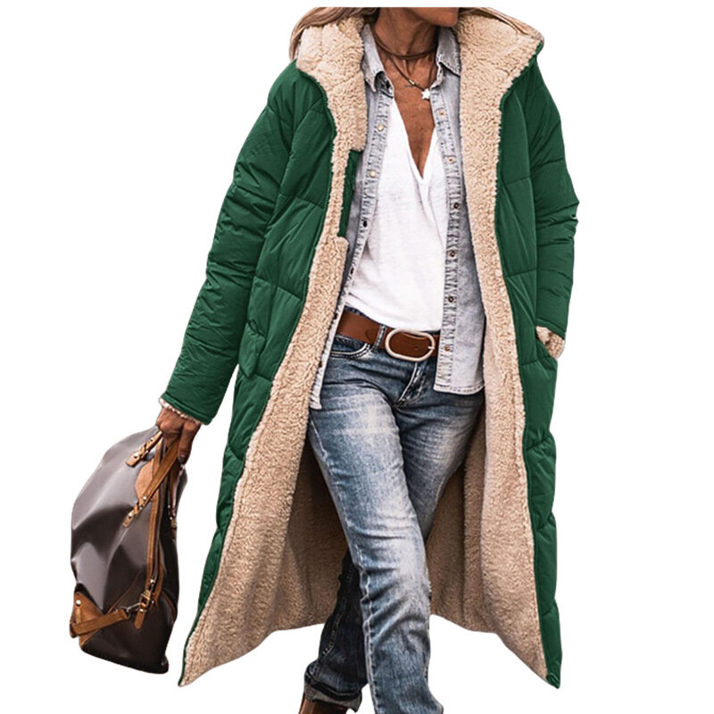 여성용 캐주얼 긴 소매 후드 포켓 지퍼 재킷, 루즈 단색 플러시 롱 파카 코트, 2023 겨울 신상