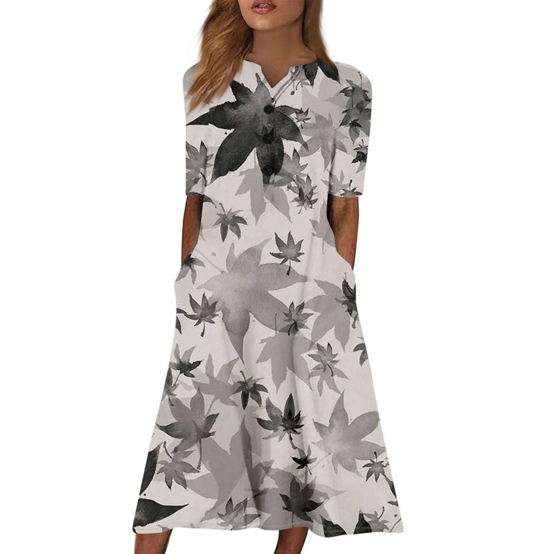 Women's Summer Casual Printed V-Neck Short-Sleeve Swing Dress Female Clothing Streetwear vestidos femenino