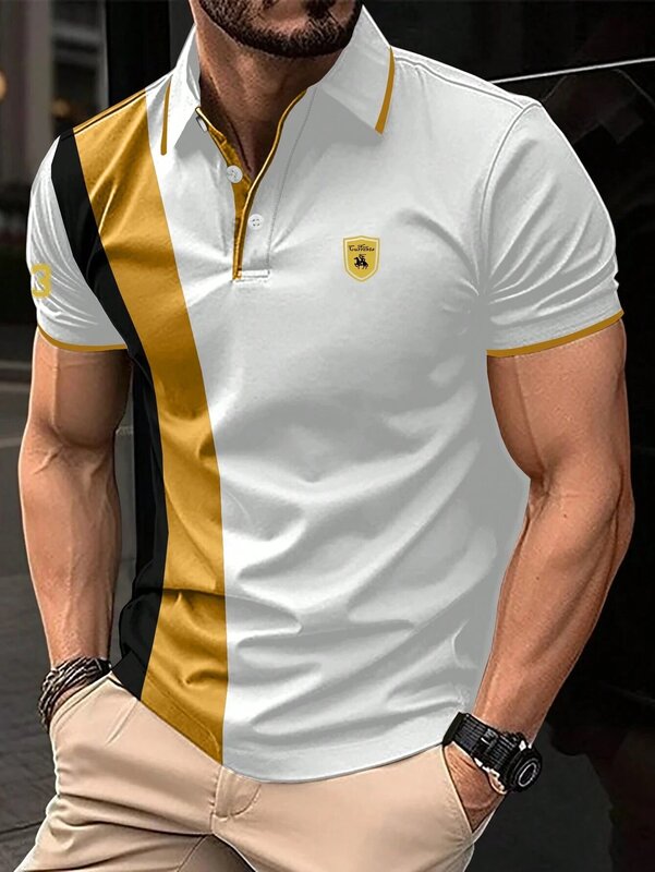 Kaus Polo pria, atasan bisnis kancing Lapel Tee komuter serbaguna warna Solid musim panas