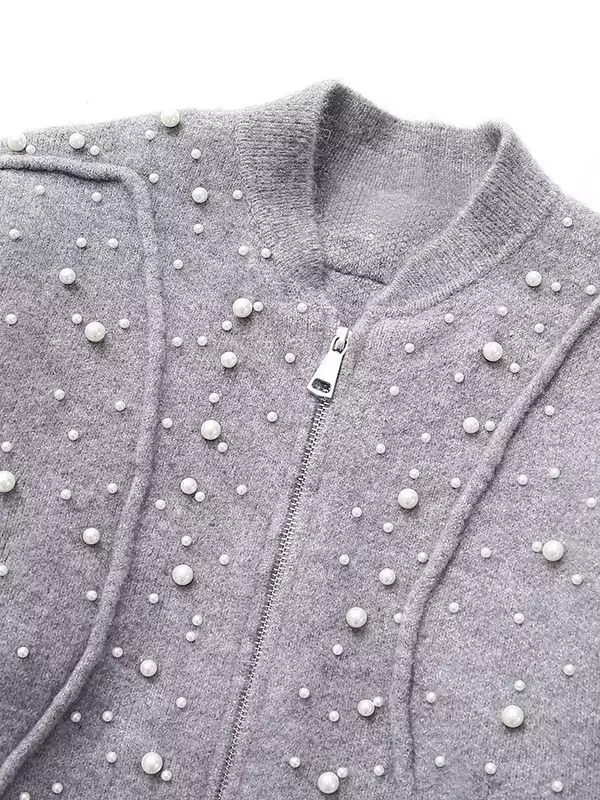 Autumn New Women Fashion Faux Pearl Grey Front Zipper Bomber Jackets Vintage O-Neck Long Sleeves Female Coat