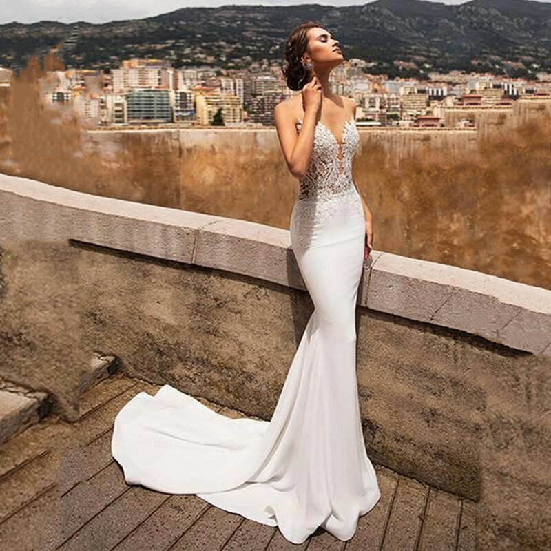 Sexy Mermaid Open Back Vestidos de casamento para as Mulheres 2023 V Neck Lace Appliqued Backless Beach Bridal Gowns Vestidos brancos de novia