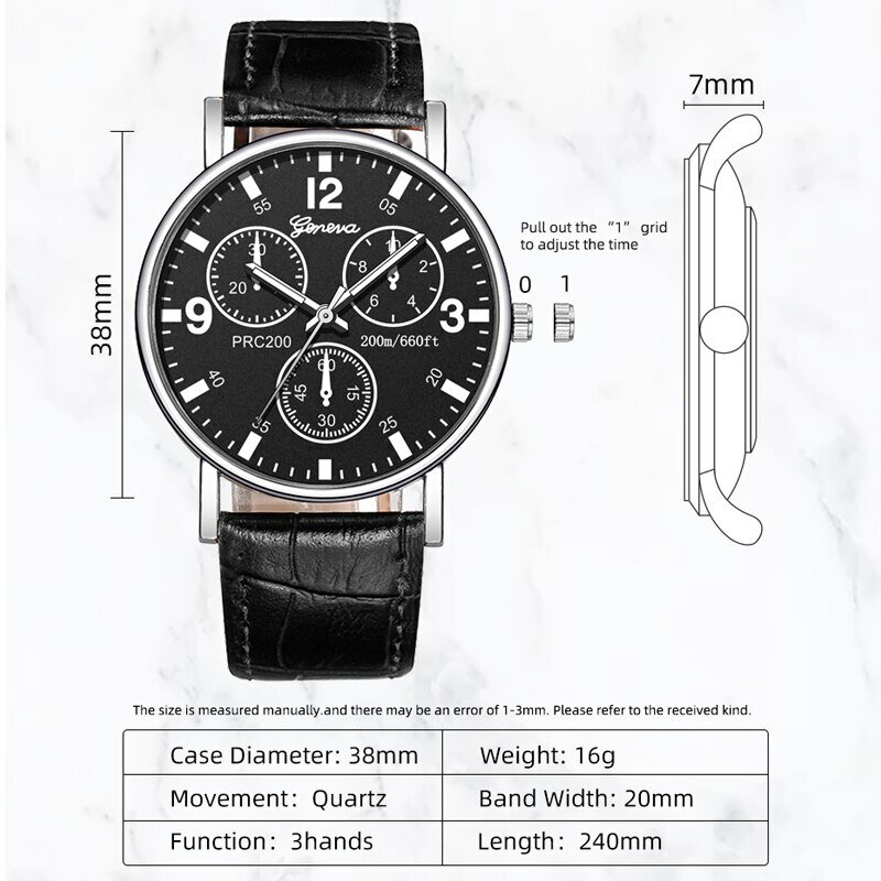 Relógio de pulso quartzo de couro preto masculino, três olhos, casais casuais moda, esportes, 2023