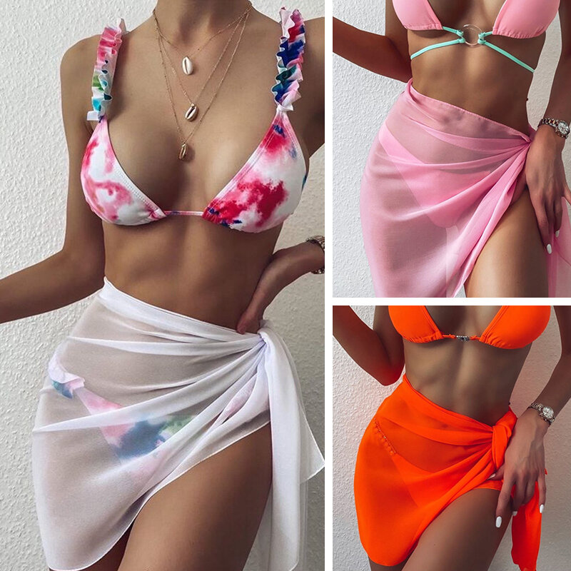 Bikini Wrap Sheer Short Skirt Summer Chiffon Scarf Cover Ups for Women Swimwear Wrap Short Sarongs Swimsuit Coverups Beach Shawl