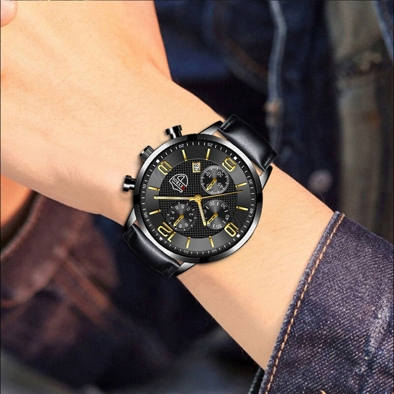 Fashion Men's Watches Luxury Leather Quartz WristWatch Black Leather Bracelet Set Watch Men Sports Luminous Clock Reloj Hombre