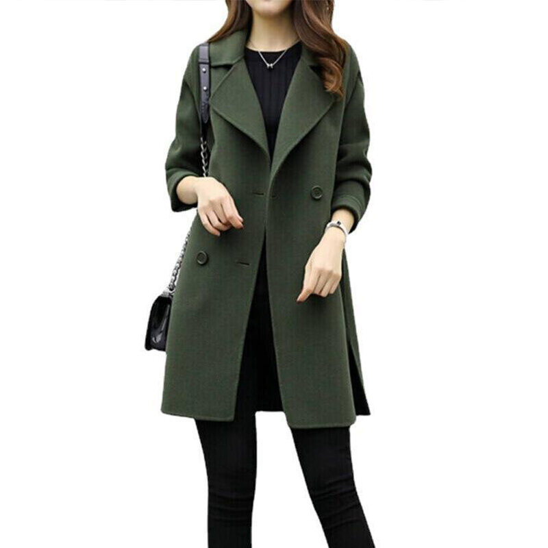 Jaqueta média de lã feminina, manga comprida, peito duplo, tecido solto, casaco de terno, outono, inverno