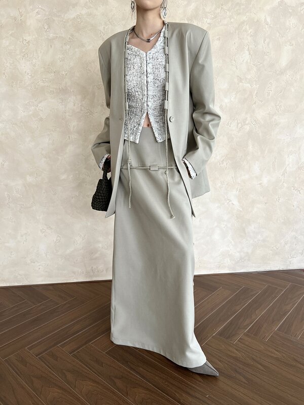 [LANMREM] blazer con coulisse dal Design irregolare per donna giacche larghe da donna a maniche lunghe con scollo a V 2024 primavera nuovo 26 d8744