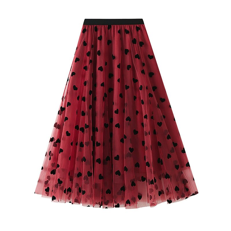 Ladieselegant Lace Skirt Medium Loose Tulle Skirt High Elastic Waist A Line Love Prints Beach Skirt For Casual Vacation Skirt