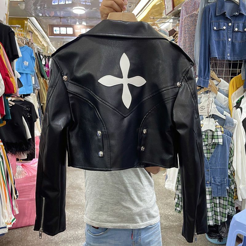 Женская короткая мотоциклетная куртка, кожаная куртка в стиле панк, весна-осень 2024