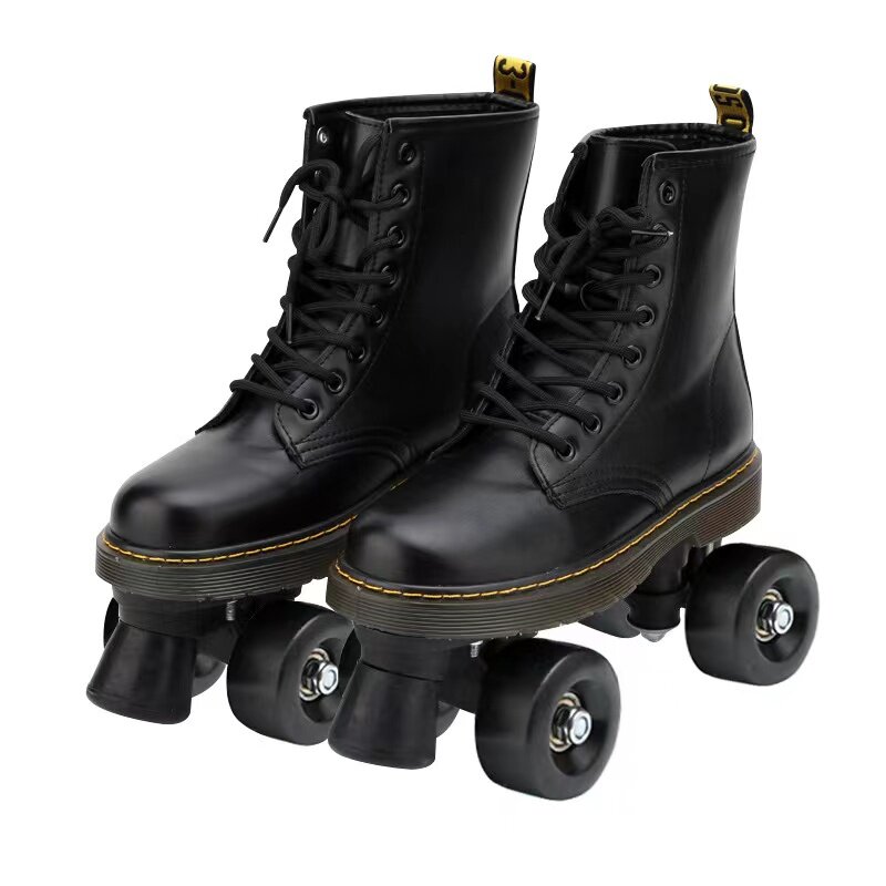 Sepatu bot kulit 4 roda serat mikro, sepatu bot hangat musim gugur musim dingin, sepatu bot 4 roda warna hitam dewasa baris ganda, sneaker geser Quad