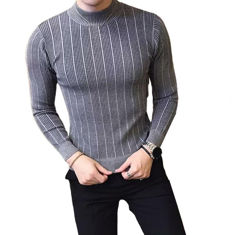 Sweater pria, Sweater Korea kasual bergaris Solid kerah setengah tinggi regang ketat atasan rajut 2024