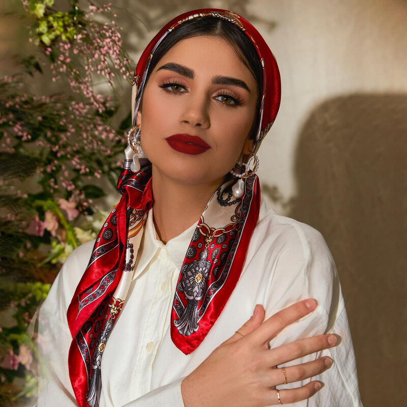 女性用シルクヘッドスカーフ,きれいなサテンのスカーフ,正方形,90cm,バンダナ