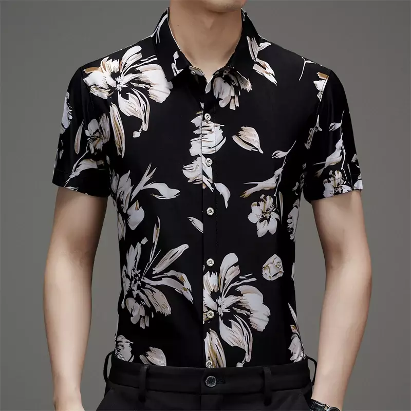 Camisa solta de seda gelo curta masculina, confortável, elegante, casual, versátil, novo produto de verão