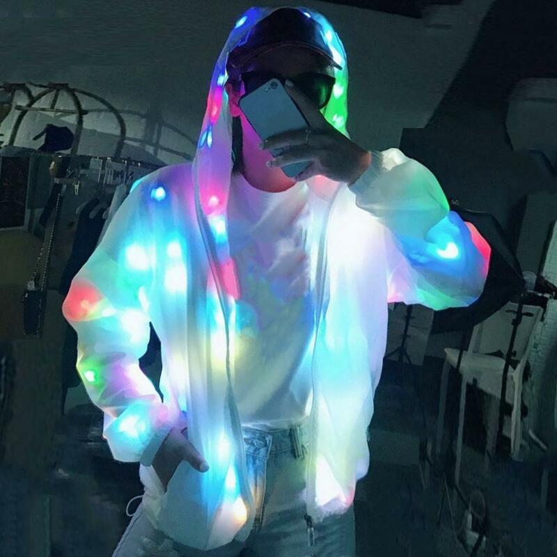 다채로운 후드 포켓이 있는 LED 조명 재킷, 클럽 콘서트 파티용 긴 소매 발광 코스튬