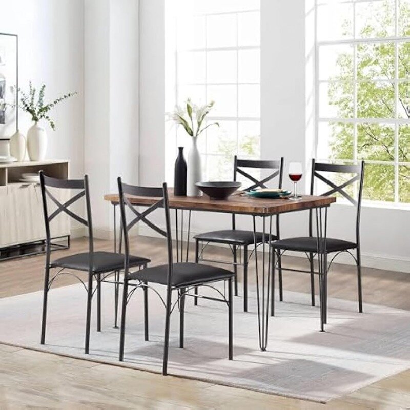 Vecelo-家庭用家具セット,朝食用,4椅子,黒のダイニングテーブル,レトロ,茶色,米国,キッチン,5個