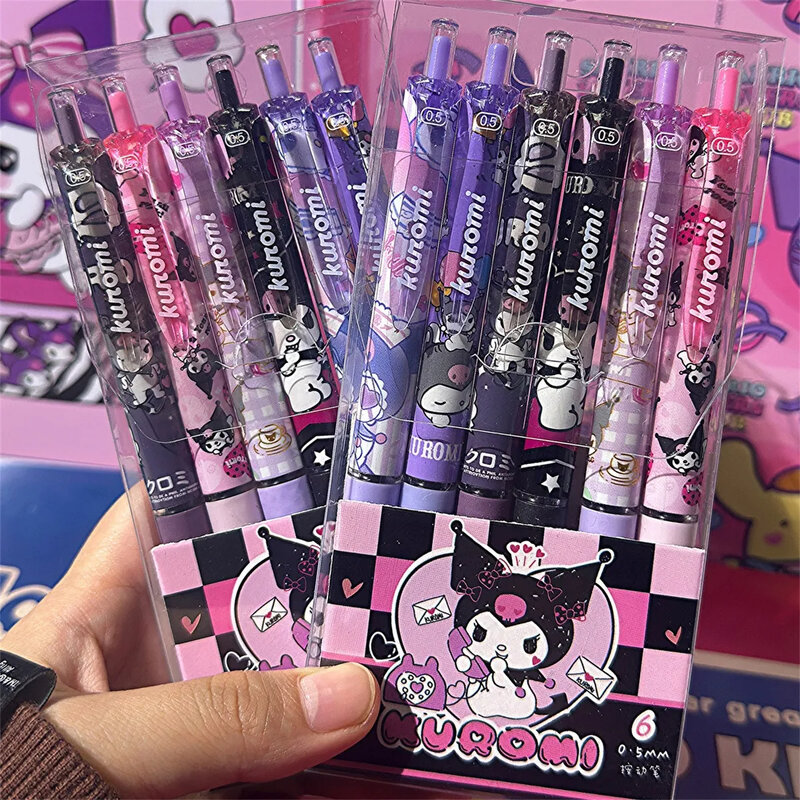 6Pcs Sanrio Gel Pen Hello Kitty Cartoon Kuromi ST Quick Drying Black 0.5mm Press The Ballpoint Pen Learning Stationery Gifts