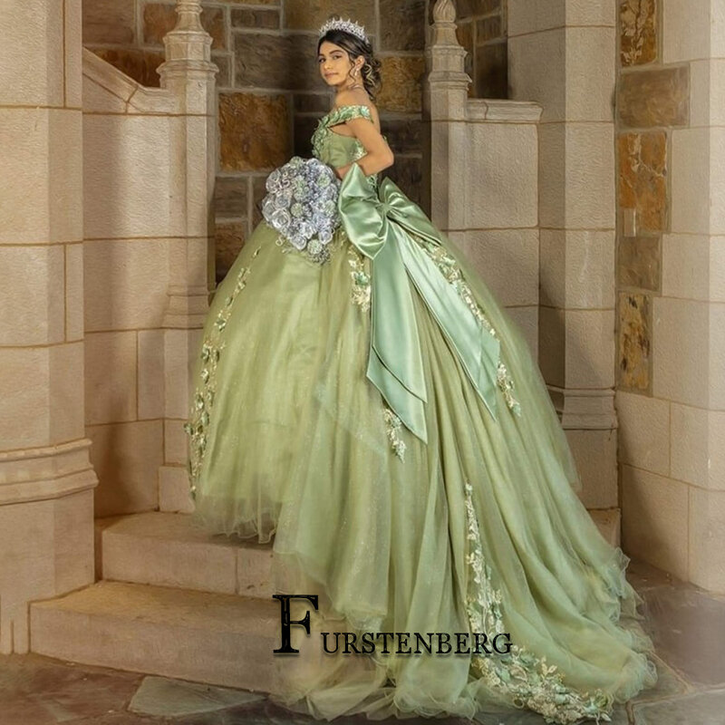 Fanshao elegante Prinzessin Quince anera Kleid von der Schulter Applikationen Tüll Bogen zurück Falte Vestido de 15 Anos angepasst