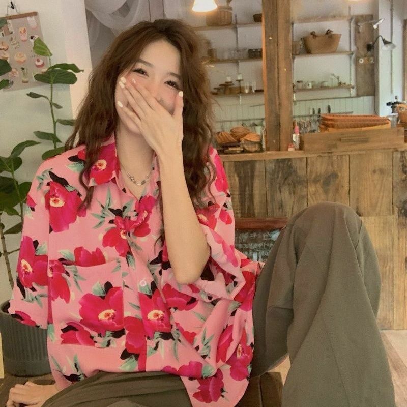 Koreaanse Print Losse Shirt Tops Dames Zomer Nieuwe Polokraag Korte Mouw Casual Blouse Elegante Trend Dameskleding