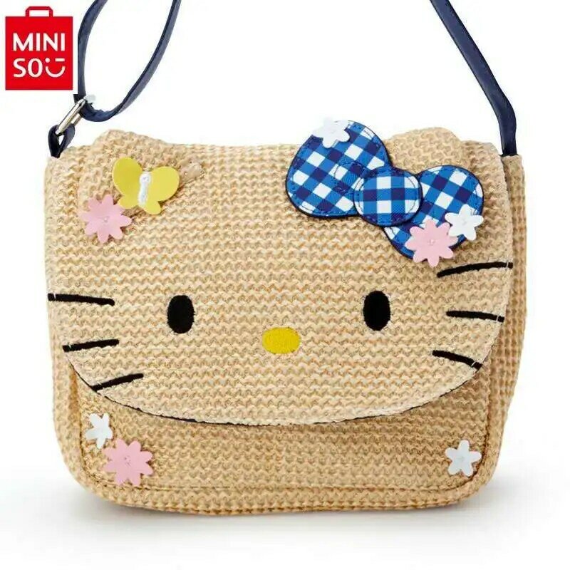 MINISO Sanrio Cartoon Fashion Weaving Hello Kitty Cute Travel Crossbody Bag Student Fresh and Versatile Phone Bag