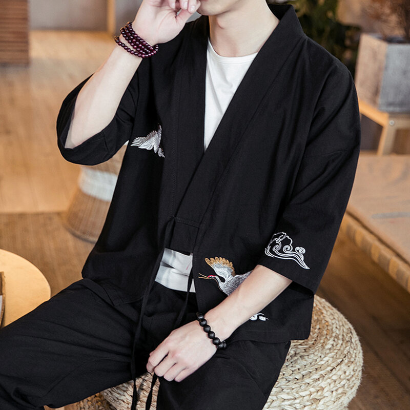 Kimono Haori brodé pour hommes et femmes, cardigan, veste, grue, Harajuku, japonais, samouraï, vêtements mi-asiatiques