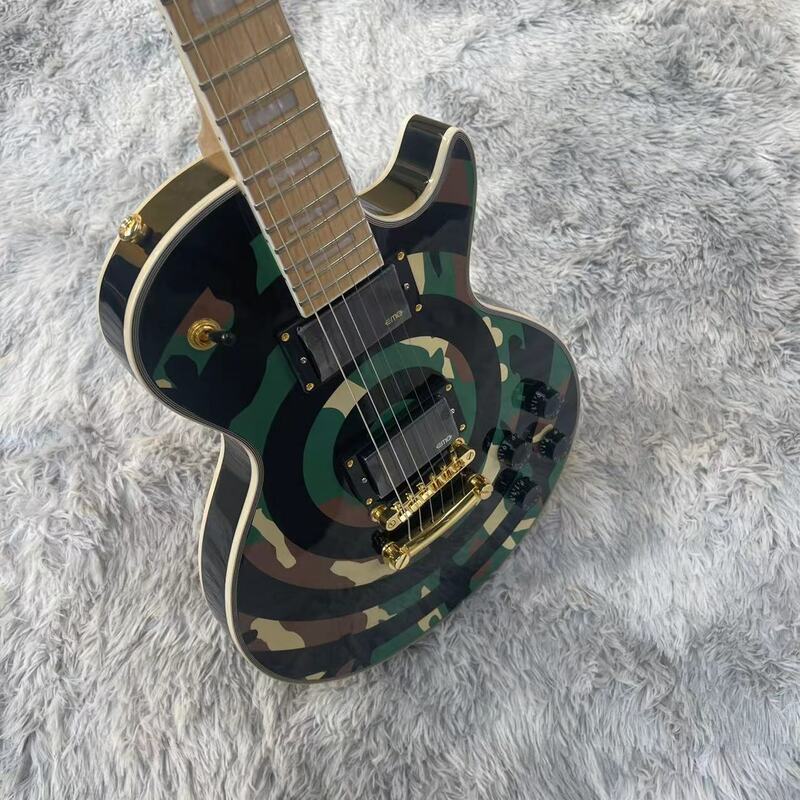 Lp-カモフラージュ6弦エレキギター,一体型ボディ,高光沢,ローズウッド指板,メープルリーフ
