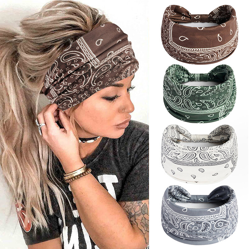 Boho Knot Yoga Turbantes para Mulheres, Envoltório Elástico na Cabeça, Headwear Largo, Headwear Floral, Moda Hair Band Acessórios