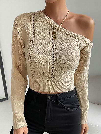 Top curto justo feminino, suéter de malha, decote assimétrico, ombro fora, casual, sexy, elegante, outono e inverno