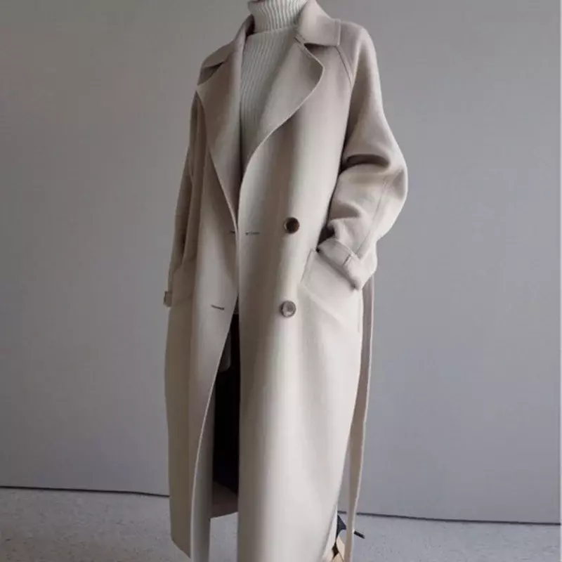 Mantel panjang Korea wanita, jaket wol kombinasi warna polos mode Retro sederhana hitam wol ukuran besar krem musim dingin