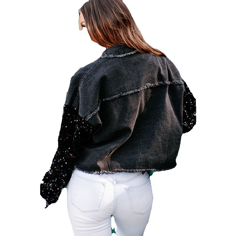 Giacca di jeans piccola con paillettes alla moda per donna 2023 autunno/inverno nuova Versatile personalizzata