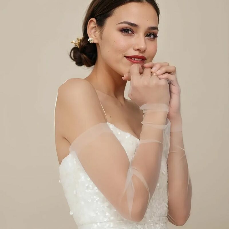 VG73 panna młoda Wrap zestaw odpinany rękaw ramiona ślubne wesele okładka impreza bolerko kobieta przezroczysta kurtka zdejmowane rękawiczki
