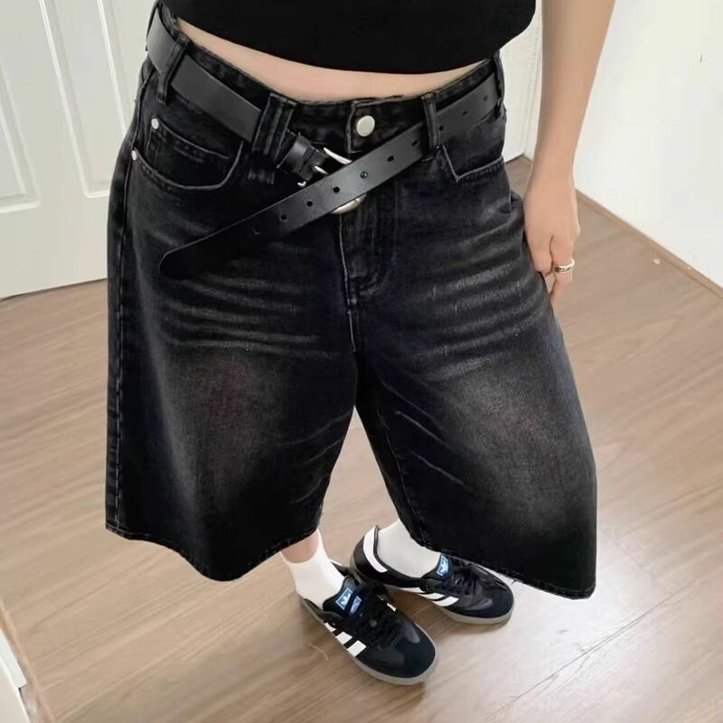 Short jeans folgado preto retrô americano, calça capri de perna larga feminina, jeans de lavagem escura alta, estilo casual, na moda