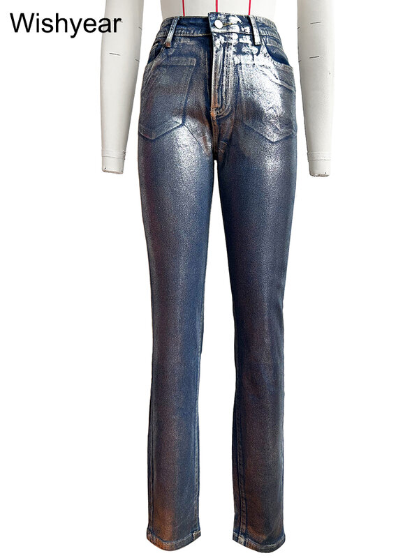 Модные серебряные облегающие джинсы, женские узкие джинсы с высокой талией, женские ковбойские брюки в стиле панк, уличная одежда в стиле Харадзюку